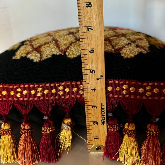 Vtg MCM Hand Hooked Wool Throw Toss Pillow Flower Basket 17x17" Cushion Tasseled - Picture 16 of 16